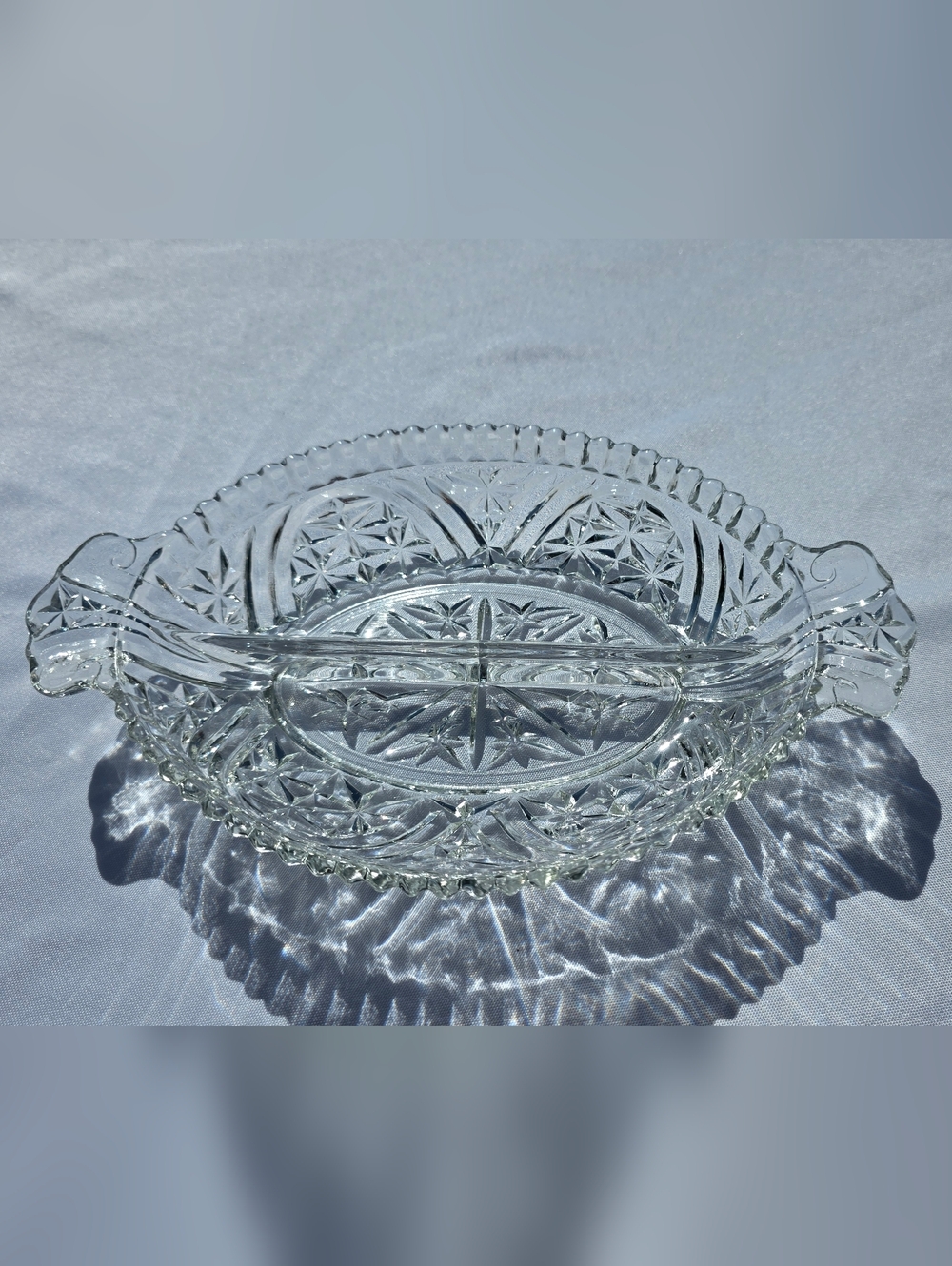 Vintage Cut Pressed Glass Relish Dish with Center Divider and Scroll Handles